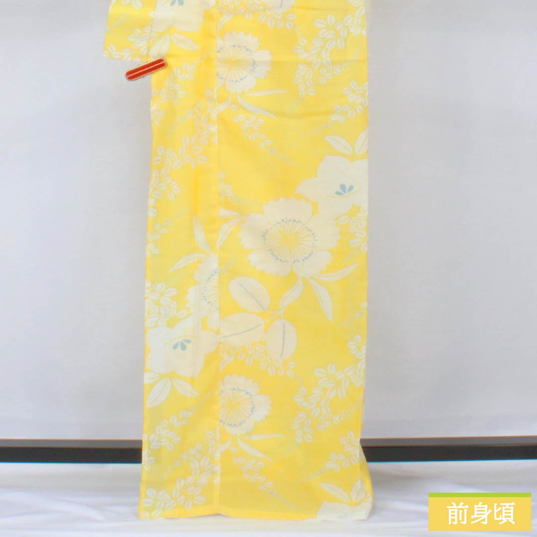 （新品未使用品） 浴衣 ポリエステル 身丈167.5cm 裄丈65cm NEWランク 単衣 黄系 黄色 花柄 桔梗 萩 1118005741523