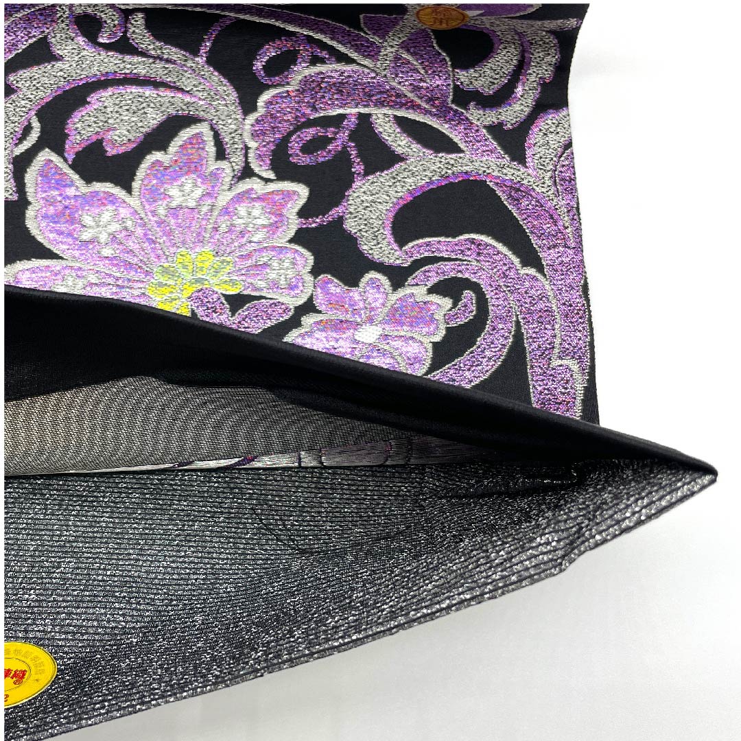 （未仕立）袋帯 黒色 花唐草 藤本隆士 螺鈿作家 西陣京都イシハラ 帯丈472cm 正絹 NEWランク 六通 フォーマル 黒系 1123009061410