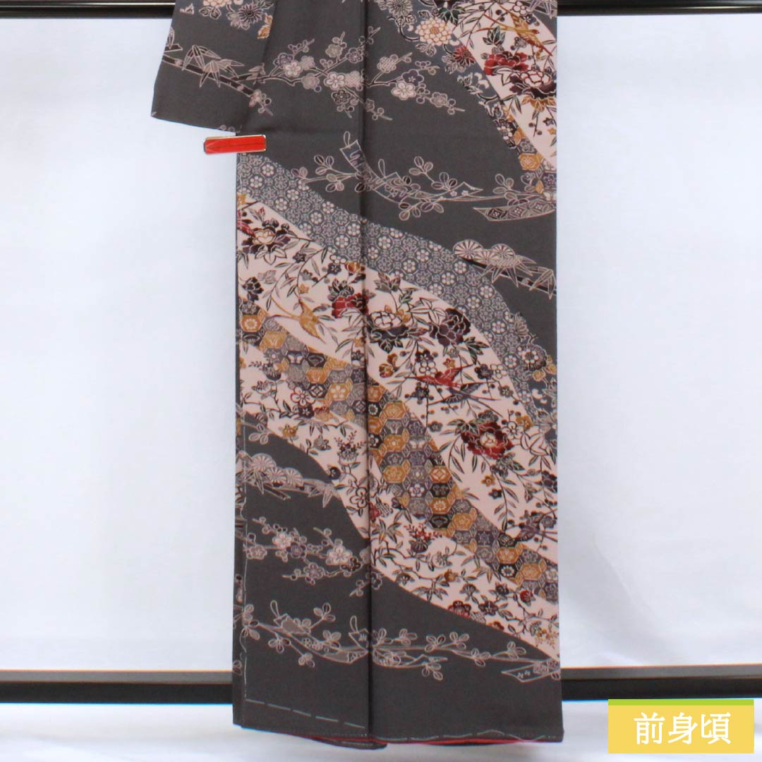訪問着 正絹 Sランク 袷 身丈160.5cm 裄丈67cm 石板色（せきばんいろ） 京紅型 松竹梅 鳥 しつけ糸付き グレー系 1112006082422