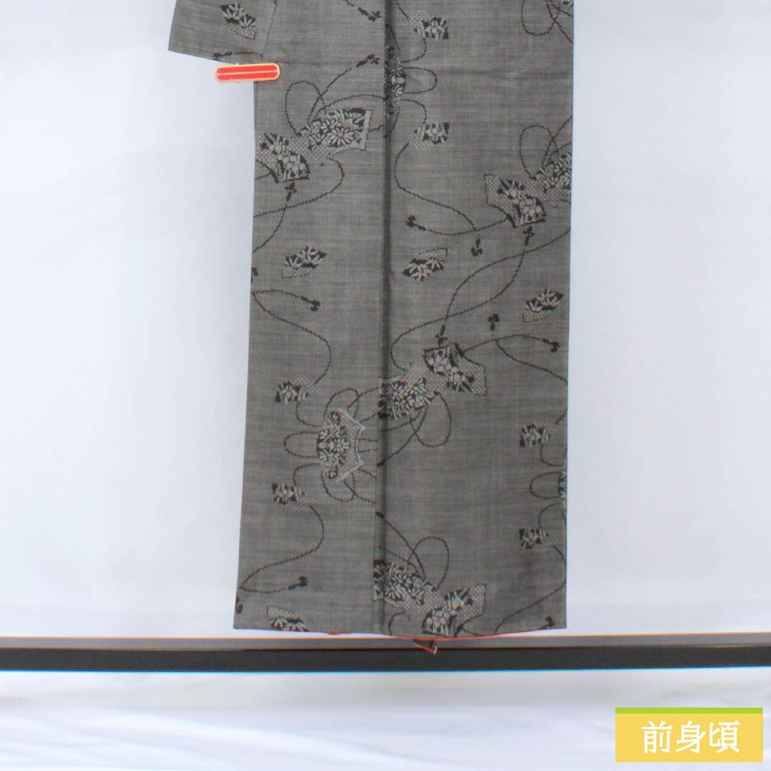 紬 正絹 Aランク 身丈151cm 裄丈60.5cm 大島紬 片ス式 7マルキ 扇 袷 黒系 1116004013210