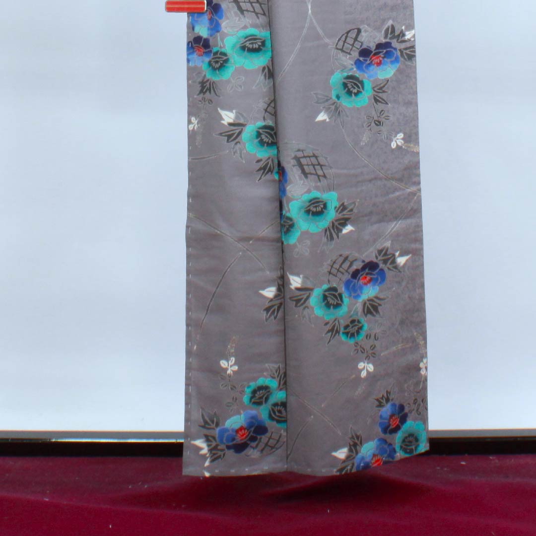 浴衣 鼠志野色 牡丹 萩 木綿 Sランク 単衣 身丈157.5cm 裄丈64.5cm グレー系 1118004082322