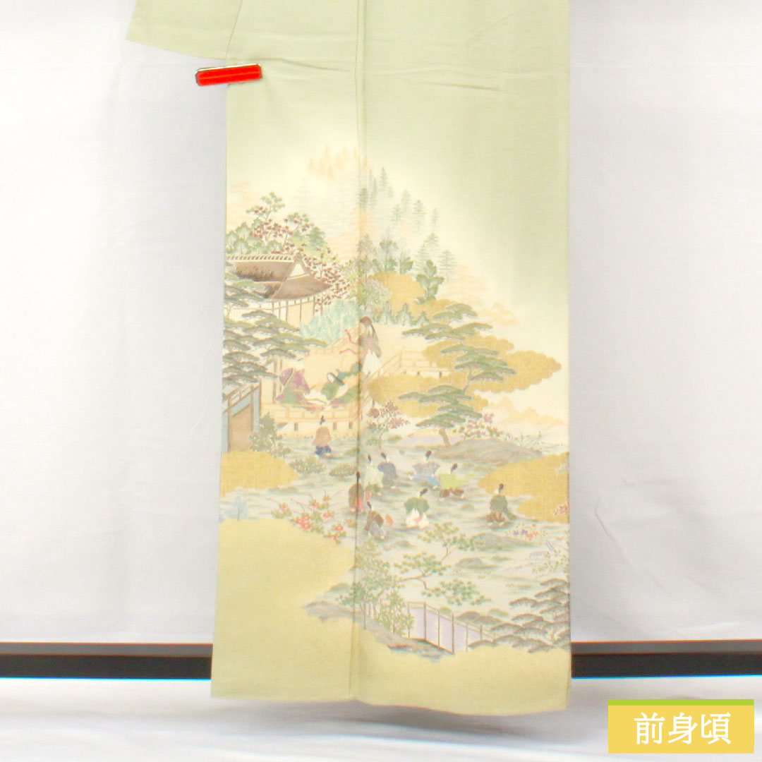 色留袖 正絹 身丈159cm 裄丈63cm 袷 薄緑色（うすみどりいろ） 寿光織 風景模様 一つ紋 Sランク 緑系 1111001702319