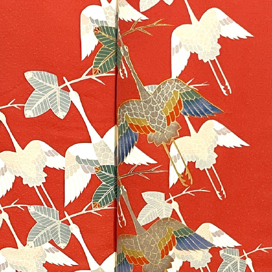 Homongi, lined, length 155cm, sleeve length 59cm, crimson silk, Kyo-Yuzen, crane, pure silk, A rank, red, 1112001863312