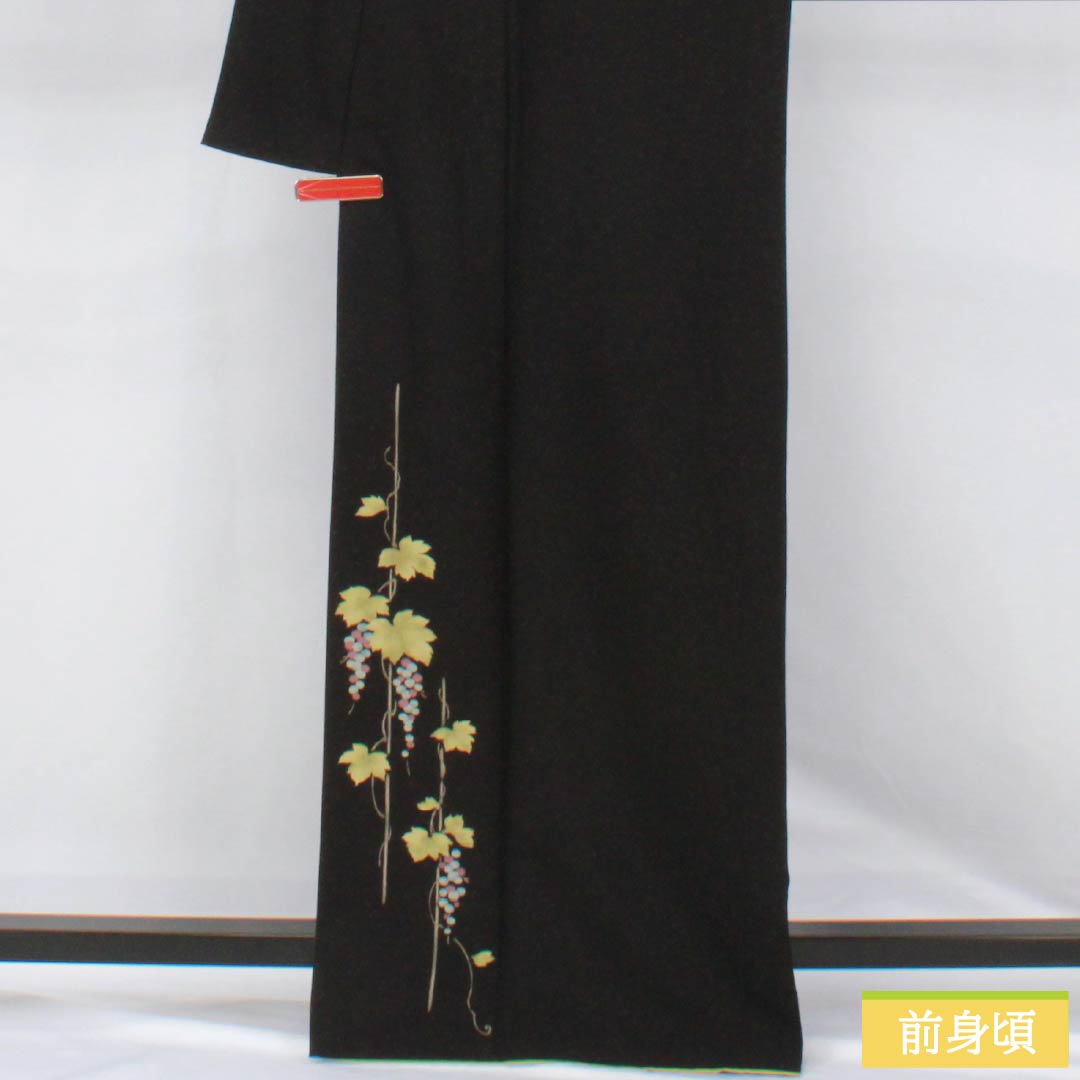 訪問着 ポリエステル Sランク 袷 身丈166.5cm 裄丈68cm 山本寛斎 蒲萄 洗える着物 付下げ 黒系 1112006942510