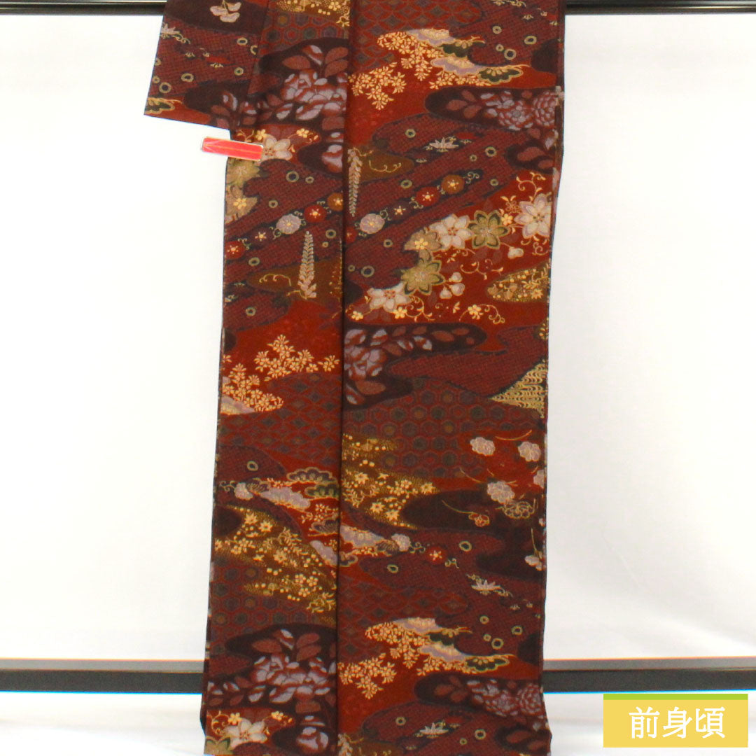 小紋 正絹 Sランク 身丈164.5cm 裄丈64.5cm 袷 小豆茶色（あずきちゃいろ） 辻ヶ花 ザ・スーパーシルク スコッチガード加工  茶系 1115007632414