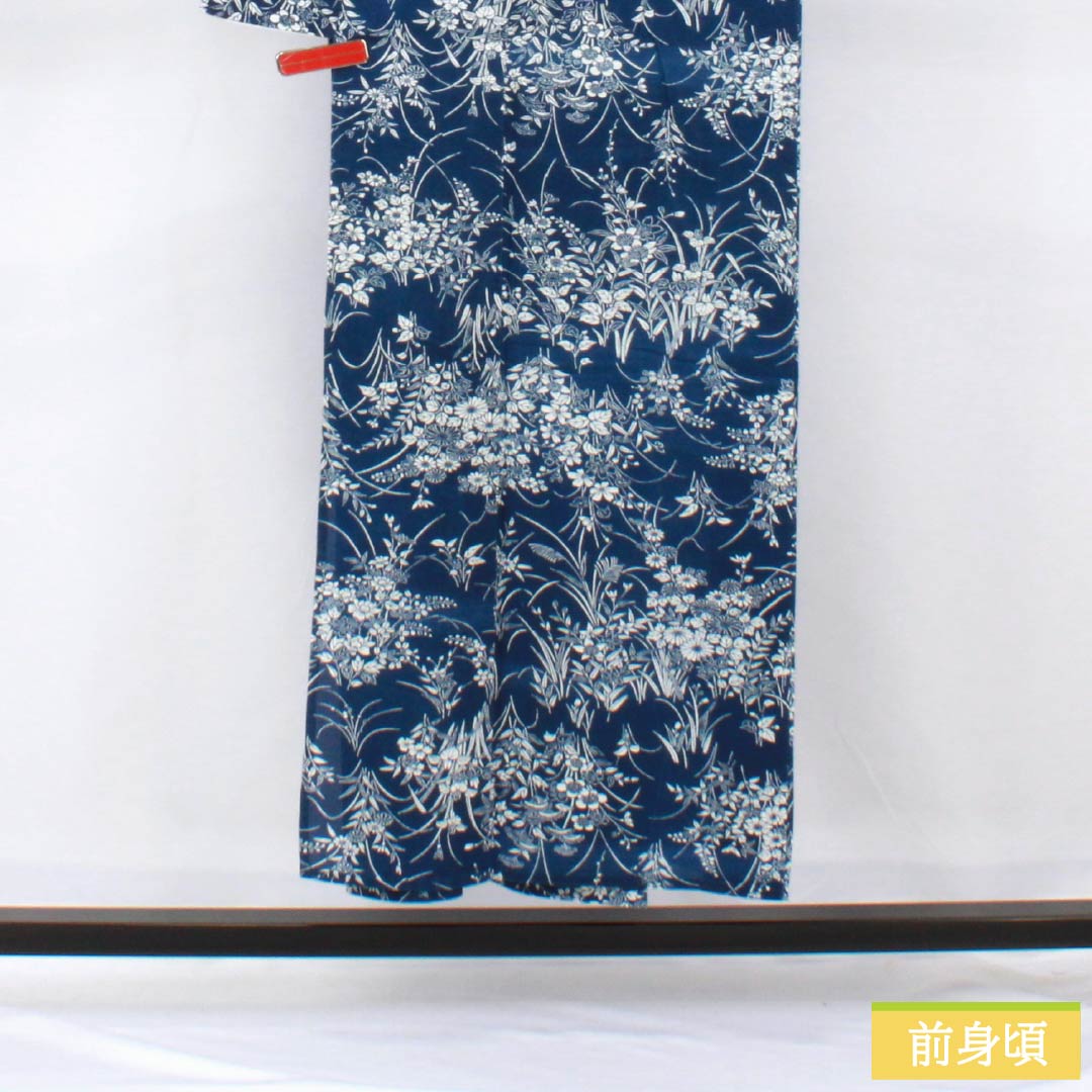 浴衣 木綿 身丈149cm 裄丈63.5cm Sランク 絽 紺系 紺桔梗色（こんききょういろ） 綿絽 総花 1118006352118
