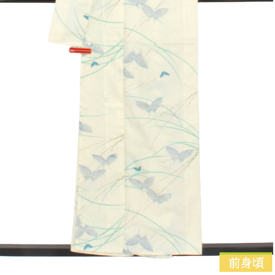 夏物 ポリエステル 小紋 Aランク 身丈156cm 裄丈64.5cm 乳白色（にゅうはくしょく） 洗える着物 蝶 枝葉 絽 白系 1132007133311