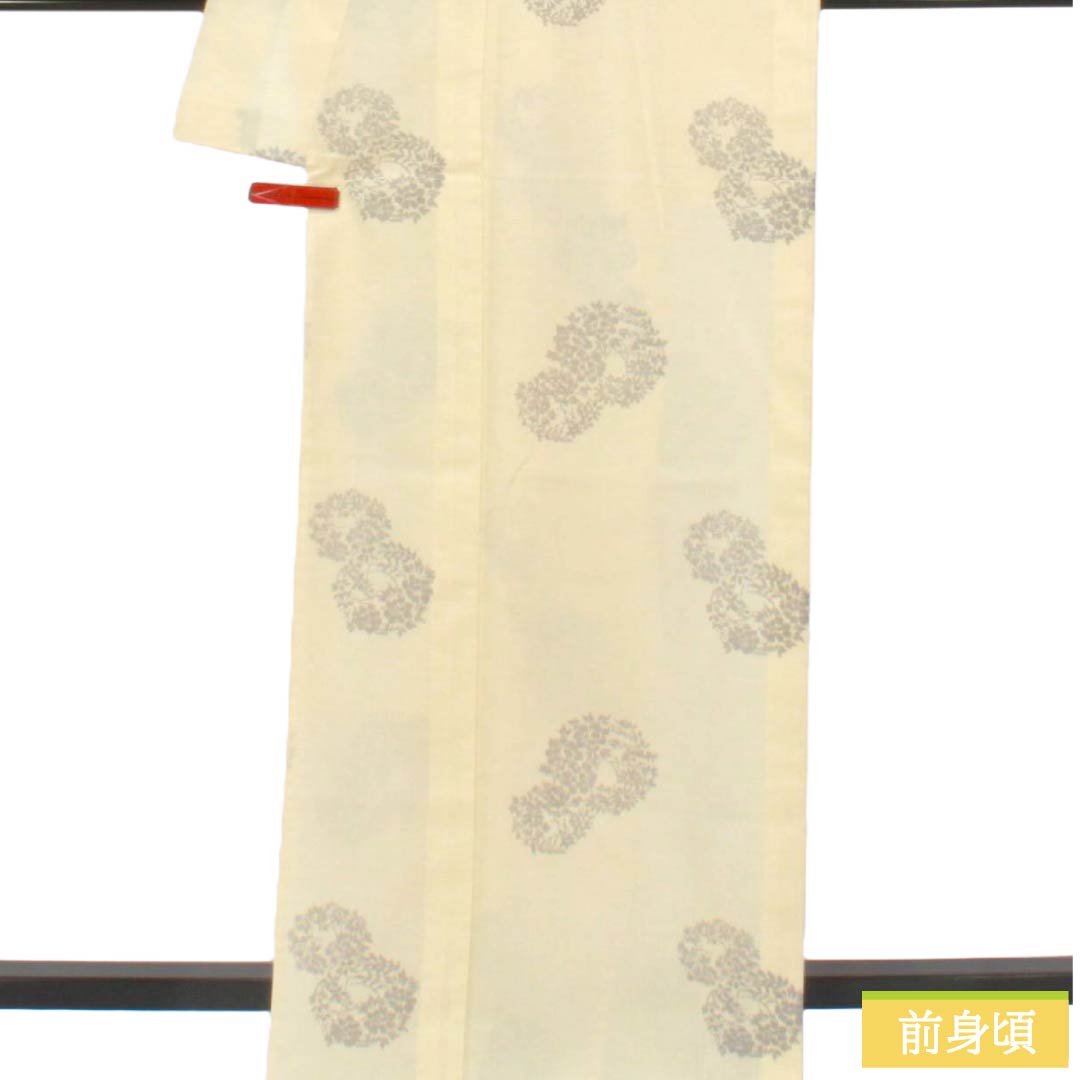 夏物 ポリエステル 紬 Aランク 身丈167.5cm 裄丈68cm 生成り色（きなりいろ） 洗える着物 花輪 紗 クリーム系 1132006033515