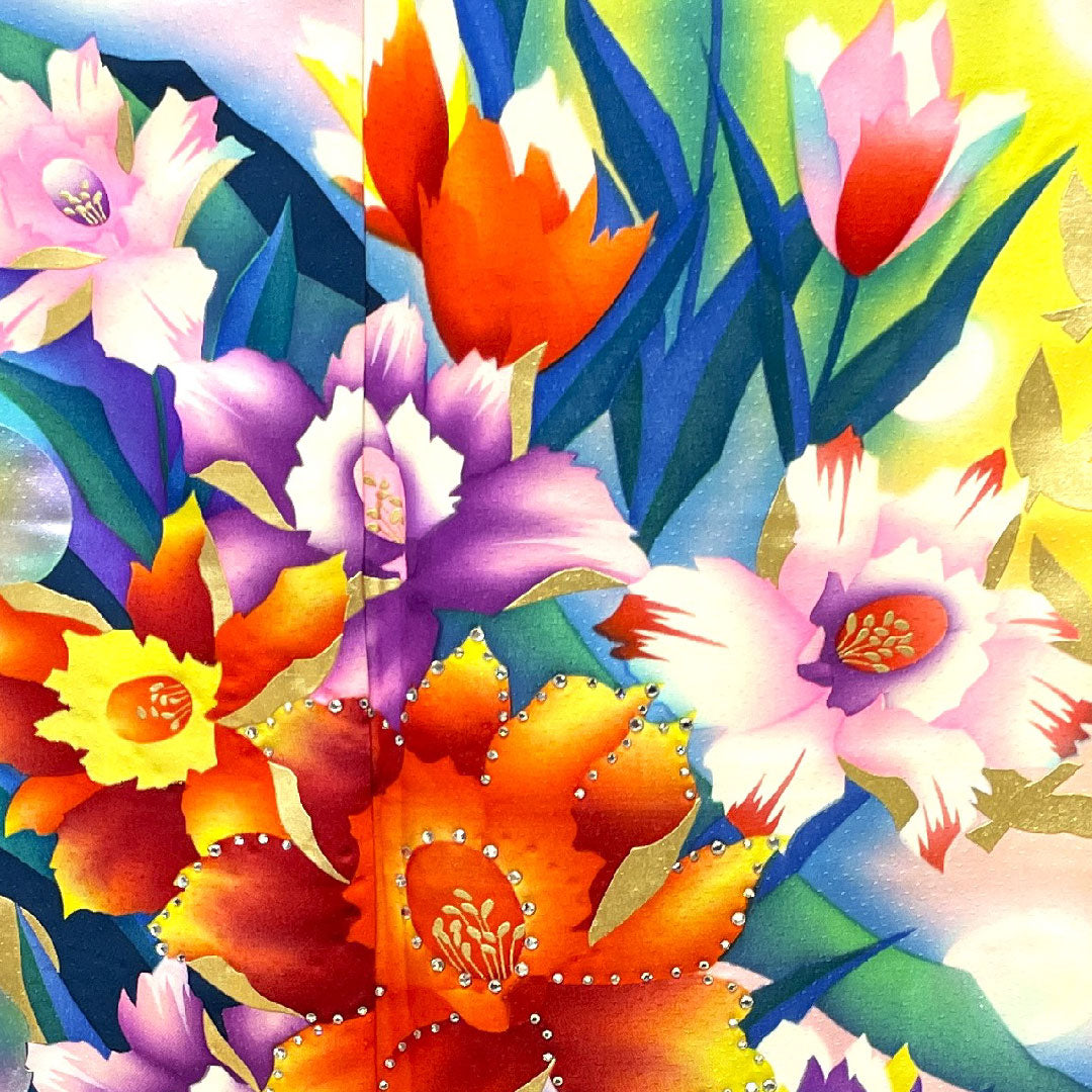 振袖 身丈176.5cm 裄丈64cm 袷  瑠璃色 花鳥模様  正絹 Bランク 紺系 1113001484818