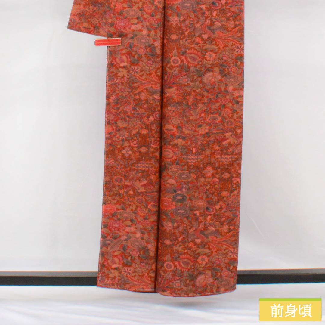 小紋 正絹 身丈159.5cm 裄丈64cm 袷 猩々茶色（しょうじょうちゃいろ） 型染 更紗模様 しつけ糸付き Sランク 茶系 1115005012314