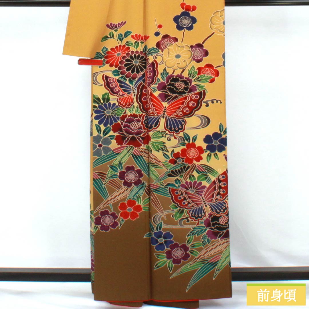 訪問着 正絹 Aランク 袷 身丈161cm 裄丈66.5cm 枇杷茶色（びわちゃいろ） 京紅型 草花 黄系 1112006473423