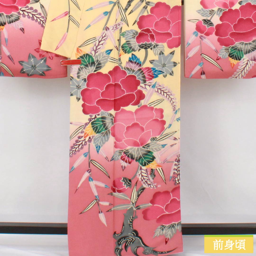 振袖 正絹 Aランク 身丈161cm 裄丈62.5cm 袷 薄柑子色（うすこうじいろ） 京紅型 牡丹 藤 ちりめん地 橙系 1113002403426