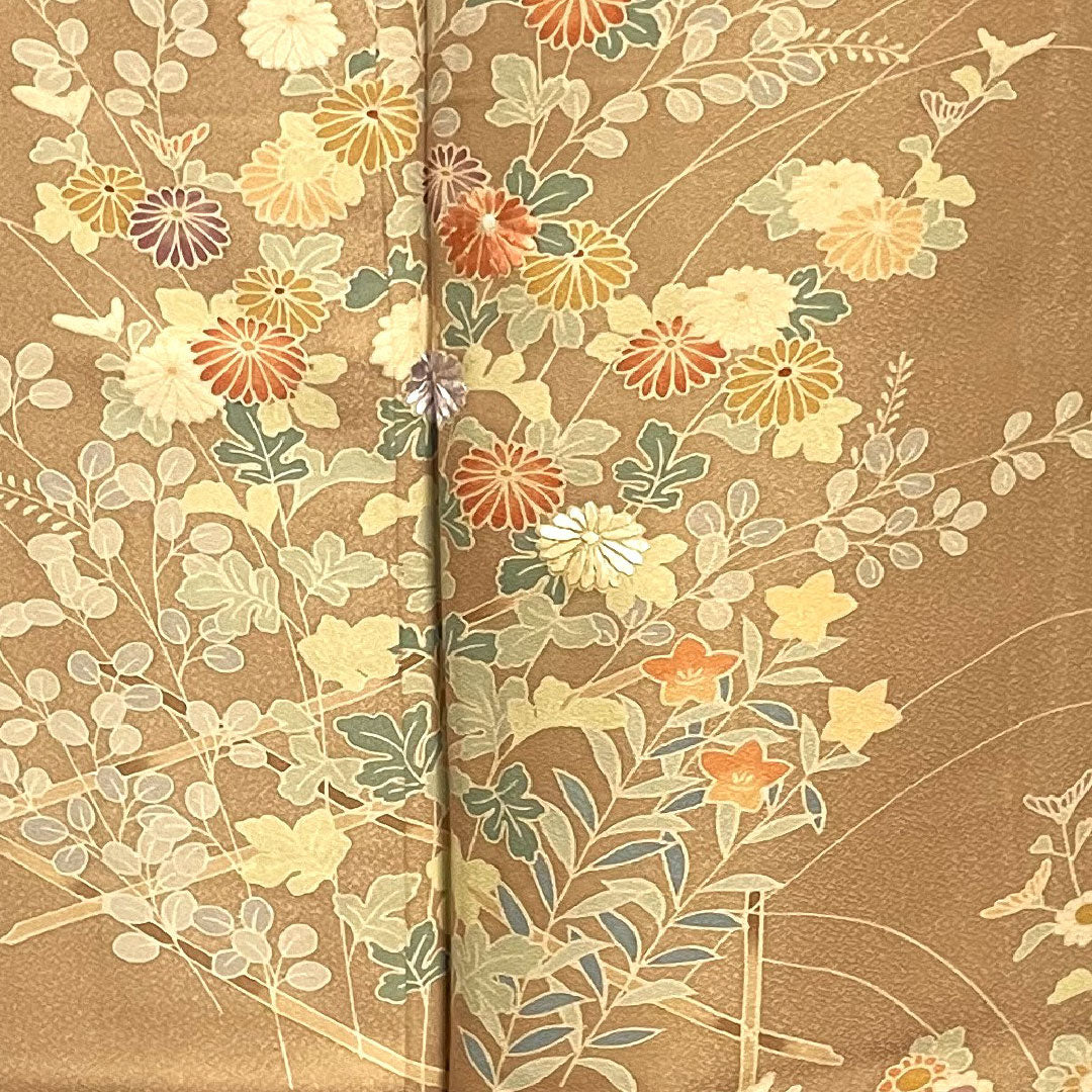 訪問着 袷 身丈159cm 裄丈64cm 柴染色 草花模様 正絹 Sランク 茶系 1112001582314