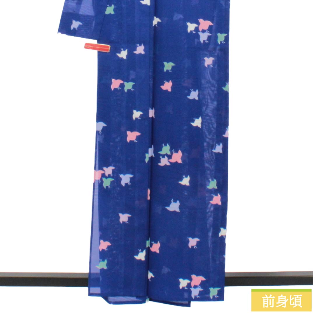 夏物 ポリエステル 小紋 Sランク 身丈160cm 裄丈64cm 桔梗色（ききょういろ） 千鳥 洗える着物 絽 紺系 1132005182418