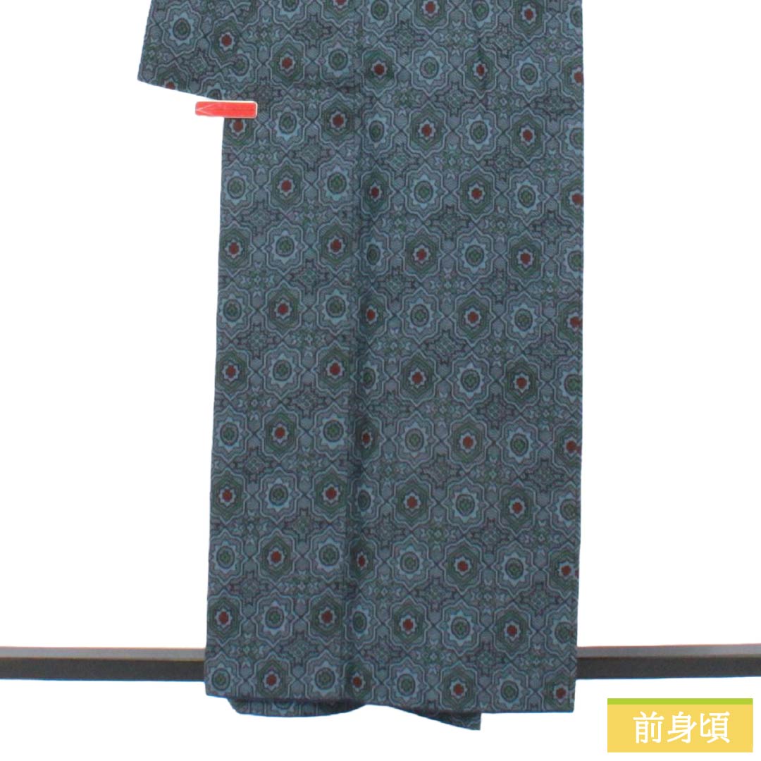 絹◎紬 つむぎ   抽象 幾何学 花 袷 ◎身丈158裄64.5帯セット　お得 リサイクル着物】紬 正絹 Sランク 身丈158.5cm 裄丈64.5cm 朧花色