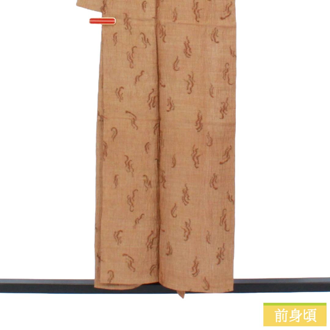 夏物 麻 紬 Sランク 身丈153.5cm 裄丈62cm 薄茶色（うすちゃいろ） 小千谷縮 抽象模様 紗 茶系 1132003792214