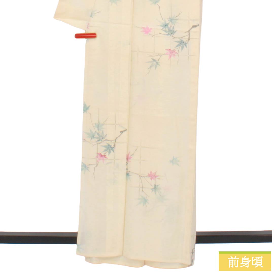 夏物 正絹 小紋 Sランク 身丈163.5cm 裄丈63.5cm 練色（ねりいろ） 紅葉 竹垣 絽 クリーム系 1132004722415