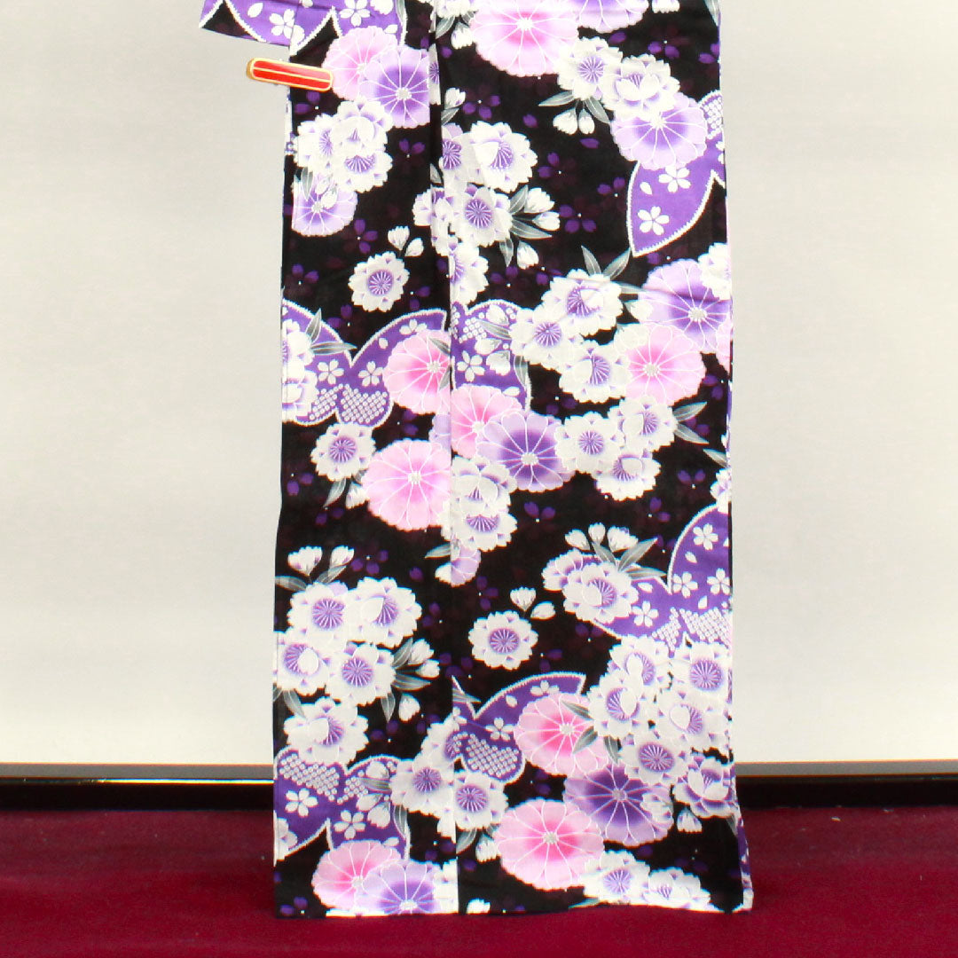 浴衣 蝶 桜 木綿 Sランク 単衣 身丈167cm 裄丈65cm 黒系 1118003712510