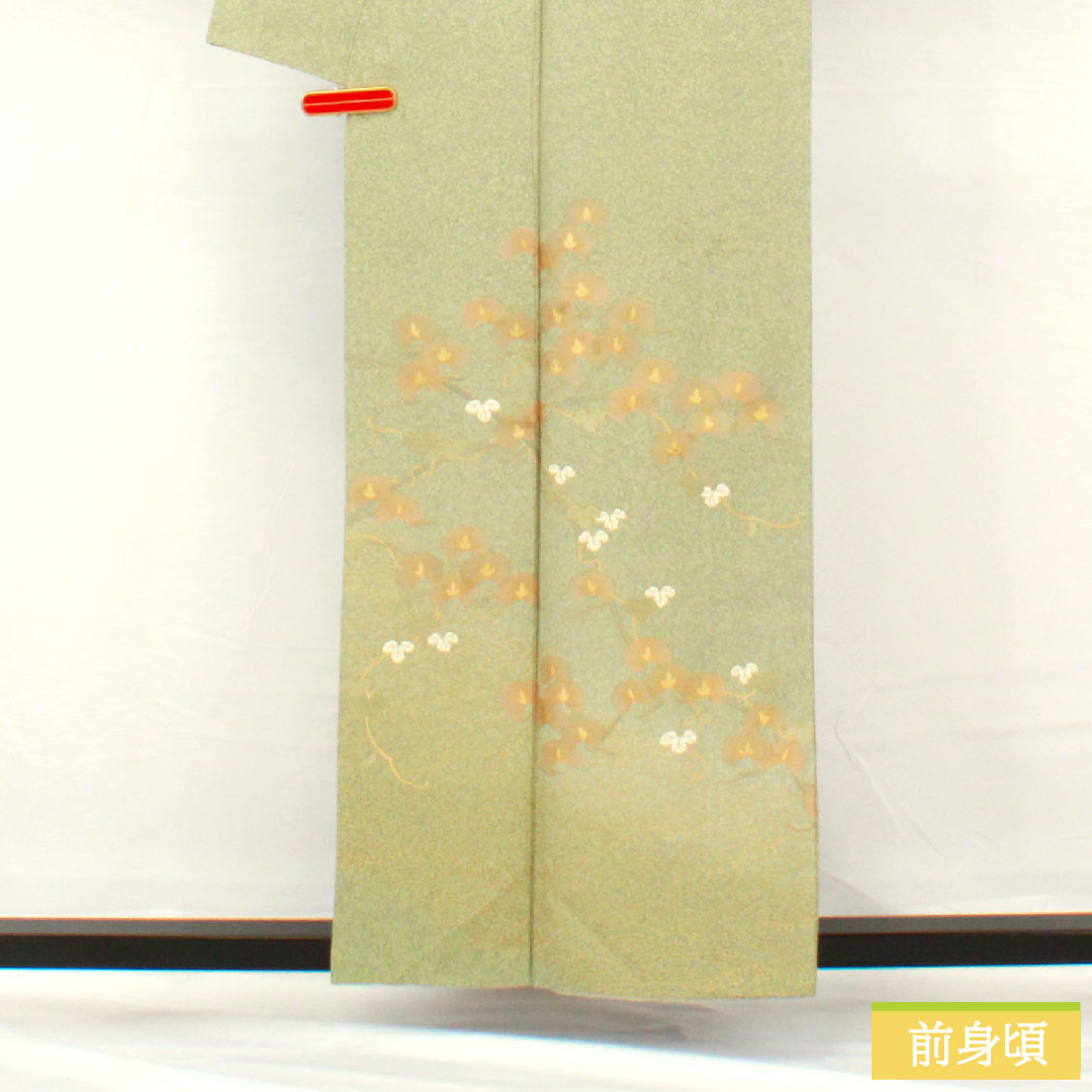 訪問着 正絹 袷 身丈155cm 裄丈62cm 裏葉色（うらはいろ） 京友禅 タタキ染 草花模様 作家物 Aランク 緑系 1112005413319