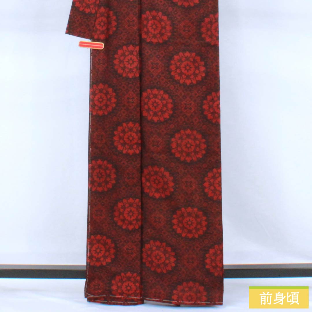 紬 正絹 Sランク 身丈163cm 裄丈66cm 生臙脂色（しょうえんじいろ） 村山大島 華文 しつけ糸付き 袷 赤系 1116004792412