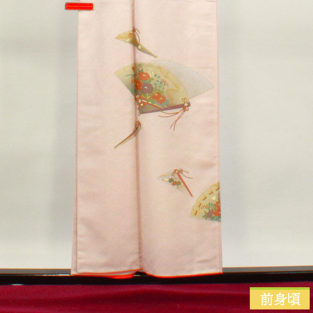 Homongi (formal kimono) made of polyester, lined, length 159cm, sleeve length 63cm, cherry blossom color, washable kimono, fan, half-collar included, S rank, pink, 1112004382313