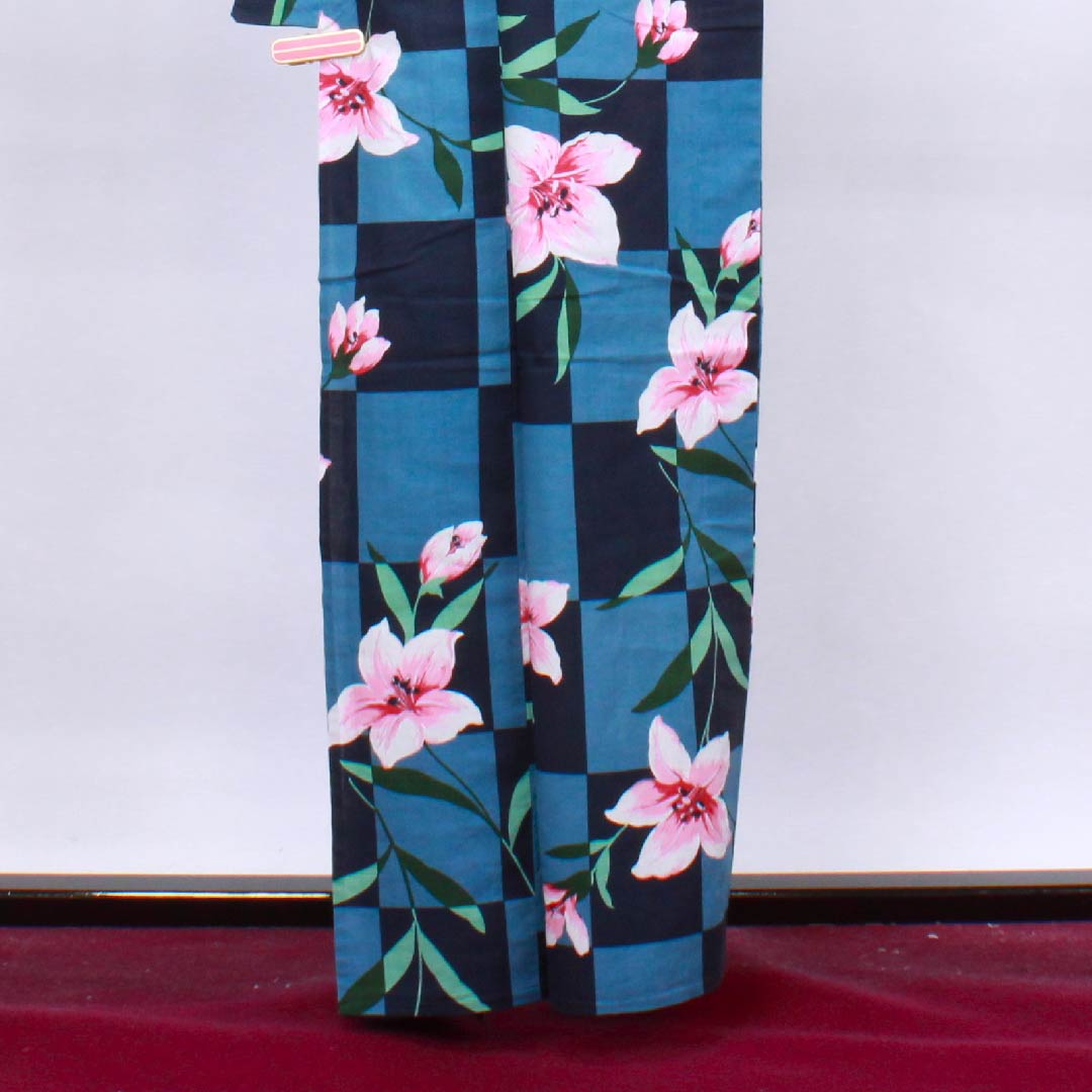 Yukata, dark blue, imitation saffron, checkered pattern, cotton, S rank, single layer, length 161cm, sleeve length 65.5cm, navy blue, 1118004112418