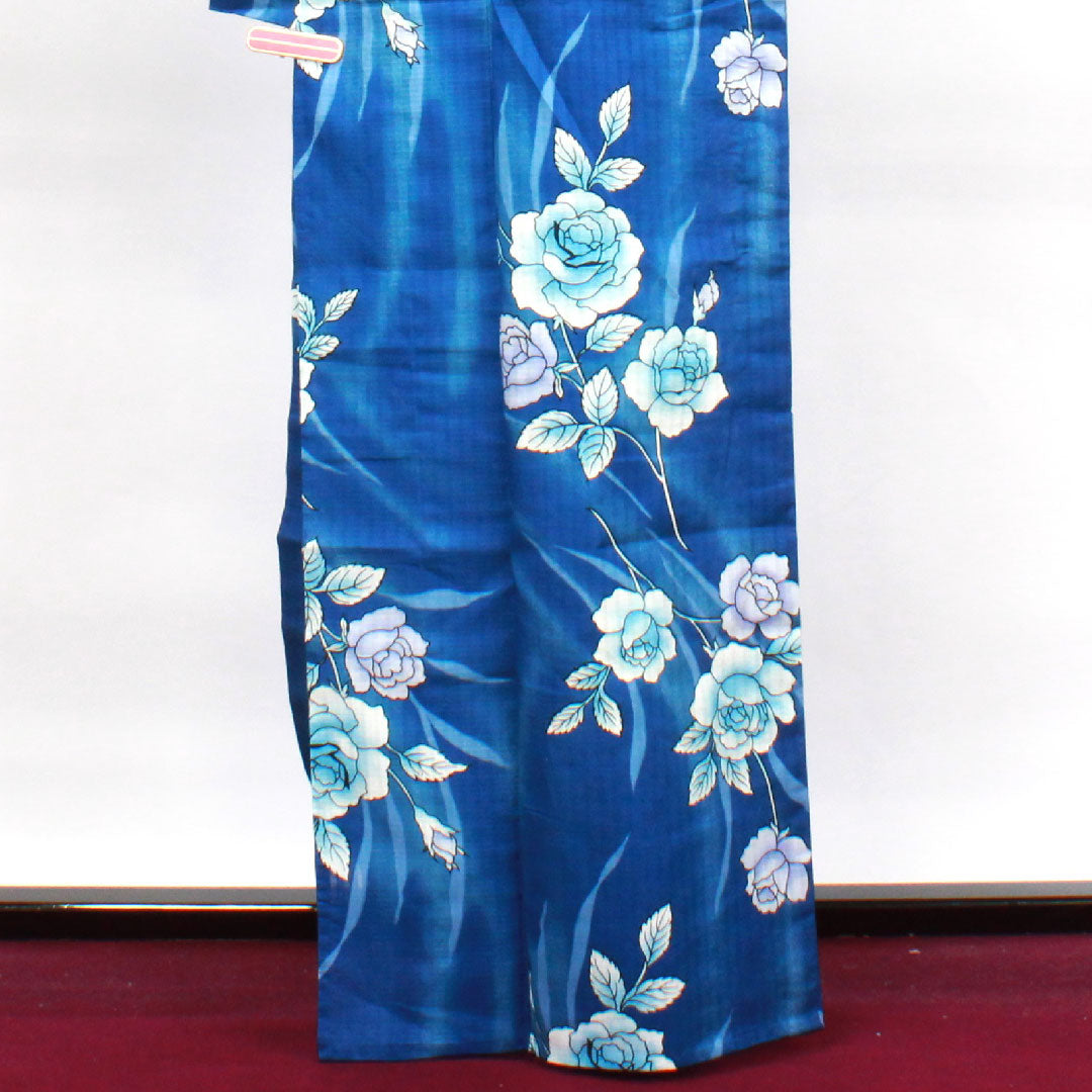 Yukata with basting thread, unused, lapis lazuli, rose, cotton, S rank, single layer, length 164.5cm, sleeve length 65.5cm, blue, 1118002932417