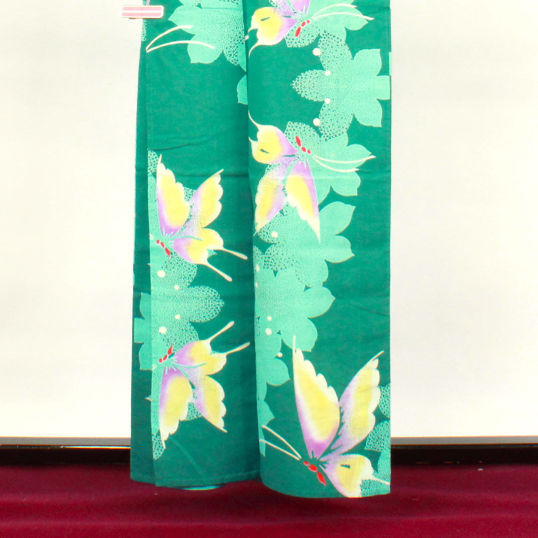 浴衣 海緑色 蝶 木綿 Aランク 単衣 身丈160cm 裄丈67cm 緑系 1118001763419