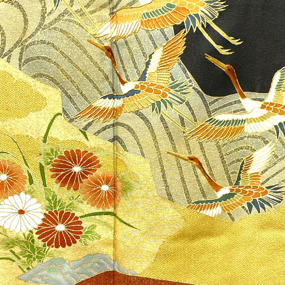 黒留袖 身丈156cm 裄丈60.5cm 袷 京友禅 鶴 糸輪に覗き梅鉢 正絹 Aランク 五つ紋 黒系 1111000723310