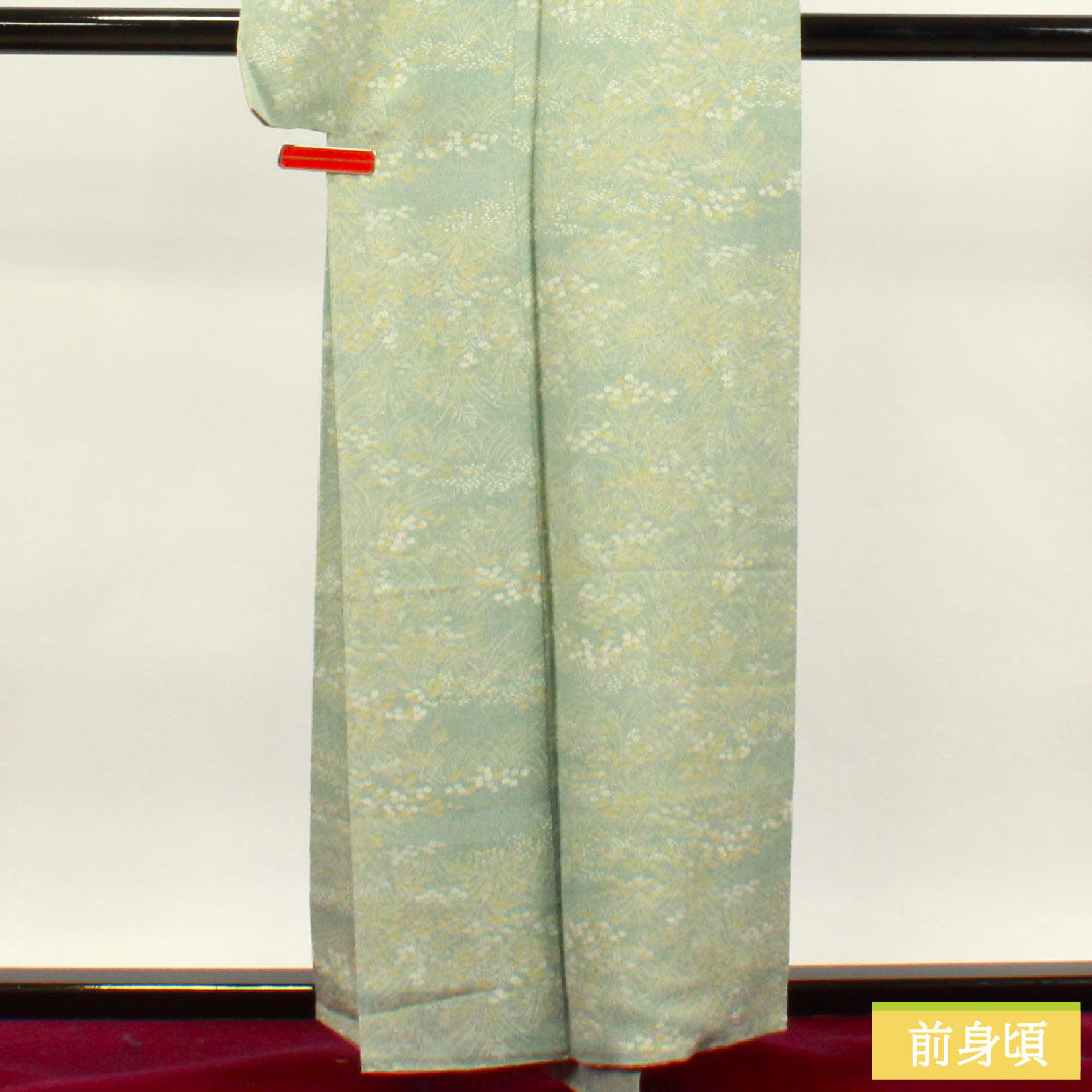 小紋 正絹 身丈158cm 裄丈61.5cm 袷  裏葉色 草花模様 しつけ糸付き 未使用品  Sランク 緑系 1115003612319
