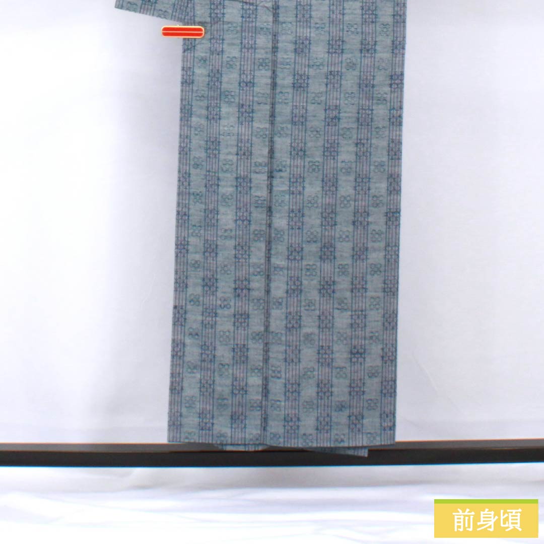 紬 正絹 身丈153cm 裄丈62cm 薄鈍色（うすにびいろ） 花織 Aランク 袷 青系 1116003893217