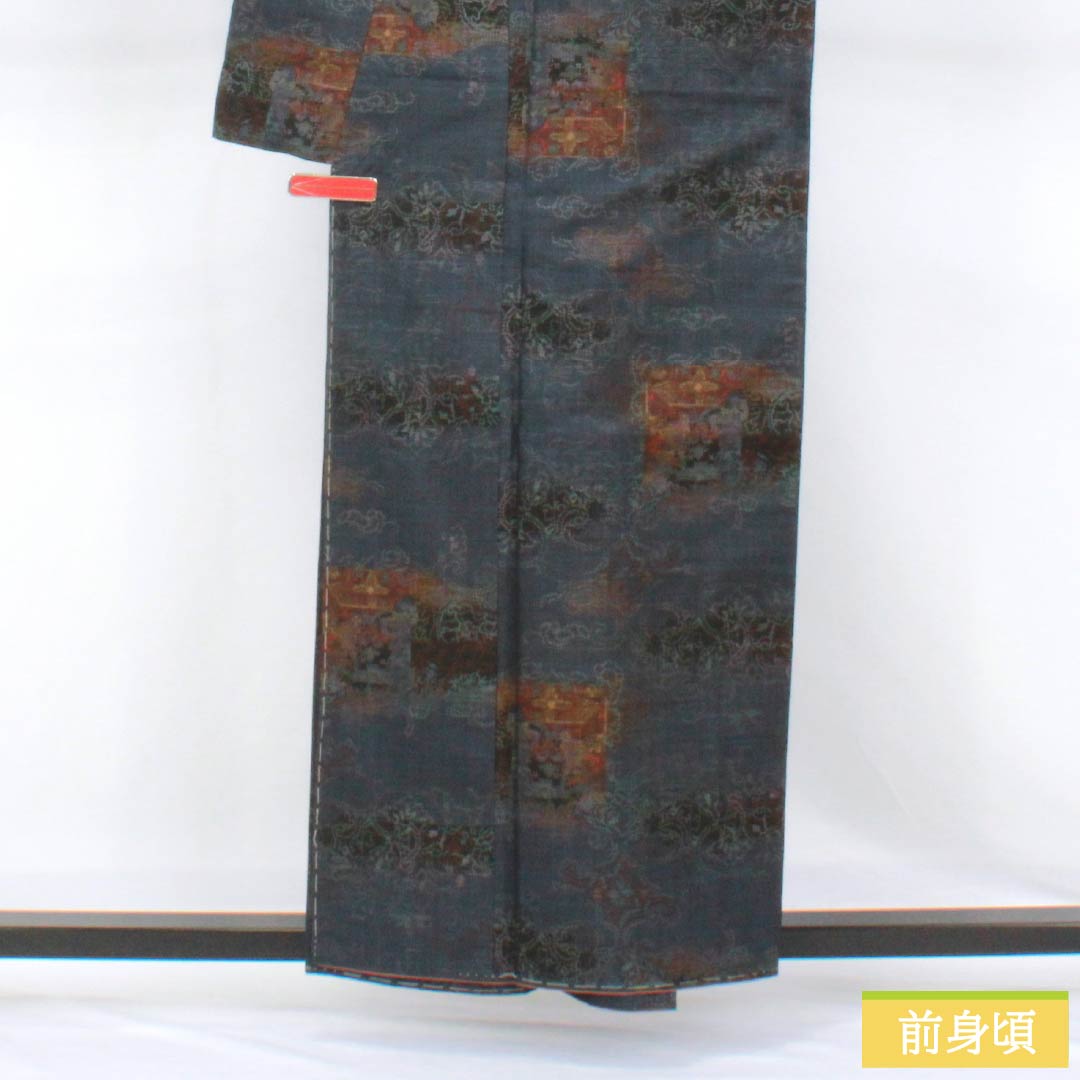 「縁」152ｃｍ～159ｃｍ 単衣 藍鉄色 紬地 紬着尺 正絹 Ｕ９８３ 中古） 紬 紺色 カジュアル 紬 椿 袷 絹 【身丈】152cm【裄丈】67cm