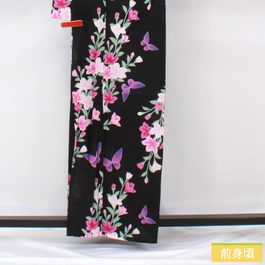 浴衣 木綿 身丈163cm 裄丈64cm Sランク 単衣 黒系 鉄線 蝶 1118006082410