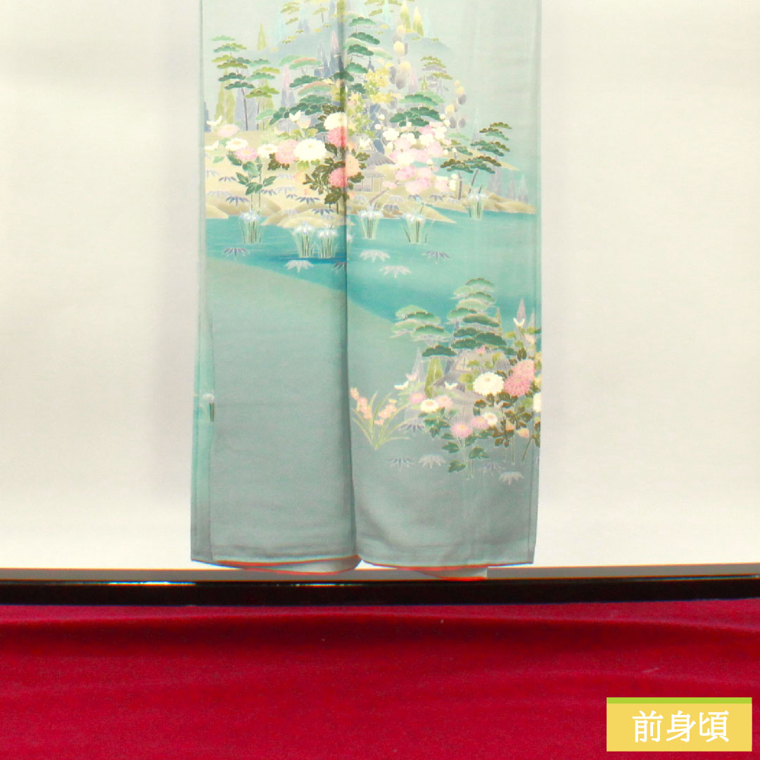 訪問着 正絹 袷 身丈151.5cm 裄丈63cm 青白磁色 京加賀友禅 峰山和生 吉祥文様 Sランク 水色系 1112003812224