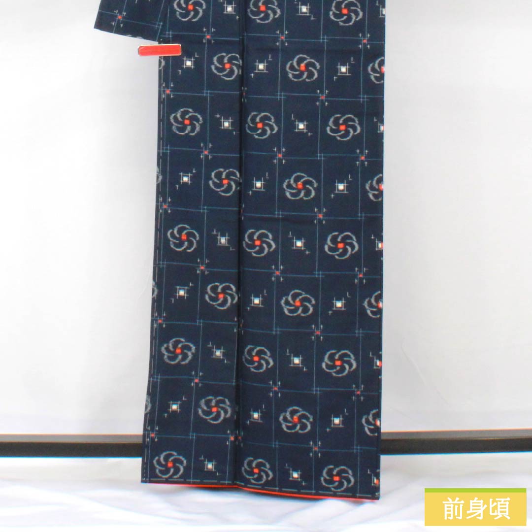 紬 正絹 身丈163.5cm 裄丈66cm 紺色（こんいろ） アンサンブル 格子 ねじり梅 Sランク 袷 紺系 1116003902418