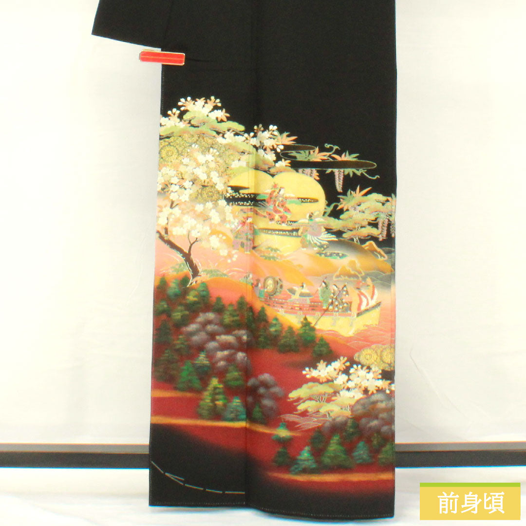Black formal kimono, pure silk, length 161cm, sleeve length 62cm, lined, Kyoto Yuzen, Tale of Genji, artist's work, five crests, circle with diamonds, A rank, black, 1111001483410