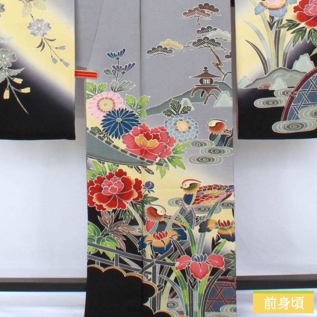 振袖 正絹 Aランク 身丈166cm 裄丈68cm 袷 錫色（すずいろ） 京紅型 宮崎染工 作家物 吉祥文様 鴛鴦 グレー系 1113002503522