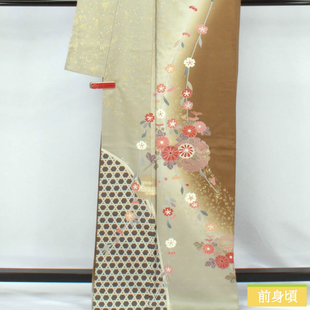 訪問着 正絹 Sランク 袷 身丈169cm 裄丈68cm 糞色（ばばいろ） 京友禅 竹垣 花 橙系 1112006492526