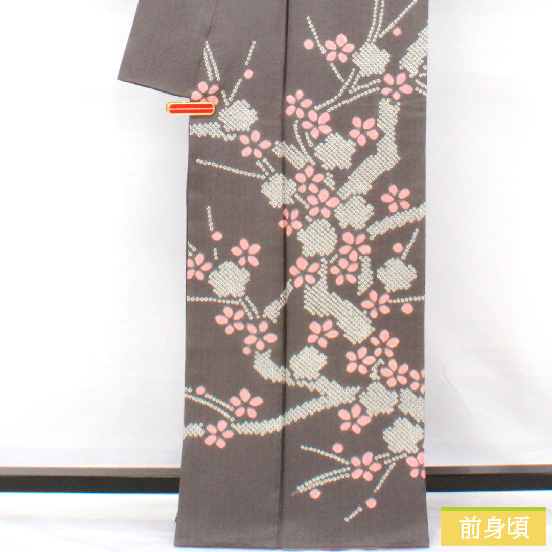 訪問着 正絹 袷 身丈164cm 裄丈63.5cm 藍鼠色（あいねずいろ） 部分絞り 桜 Aランク グレー系 1112005773422