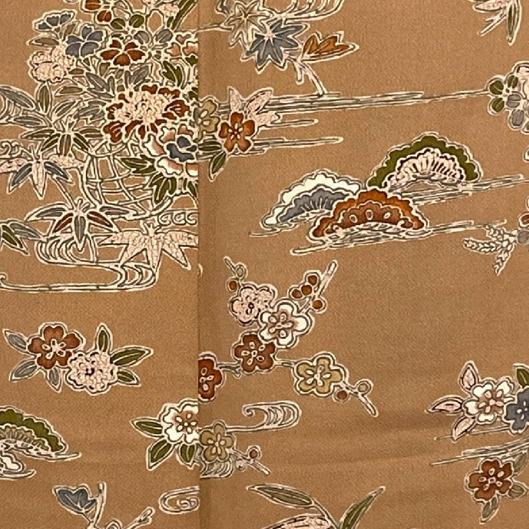 小紋 身丈154cm 裄丈61.5cm 袷  松竹梅 花籠 帛紗付き  正絹 Sランク 茶系 1115002042214