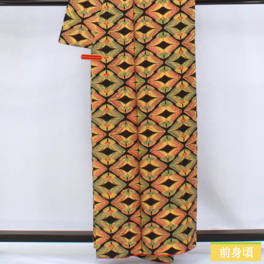 小紋 正絹 Aランク 身丈158.5cm 裄丈62.5cm 袷 型染 蝶 黒系 1115006813310