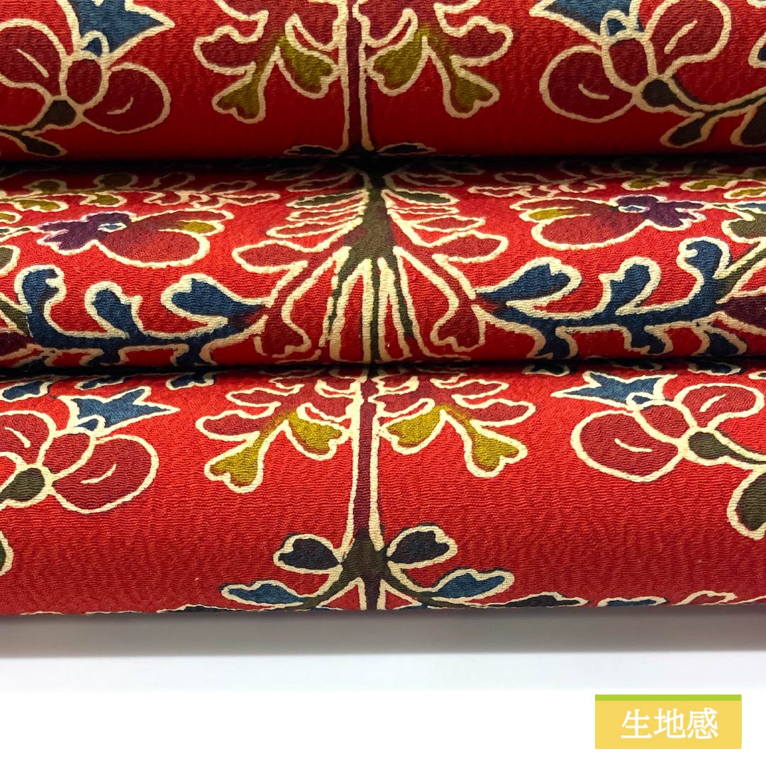 リサイクル着物】名古屋帯 赤紅色（あかべにいろ） 染め帯 京袋帯 更紗