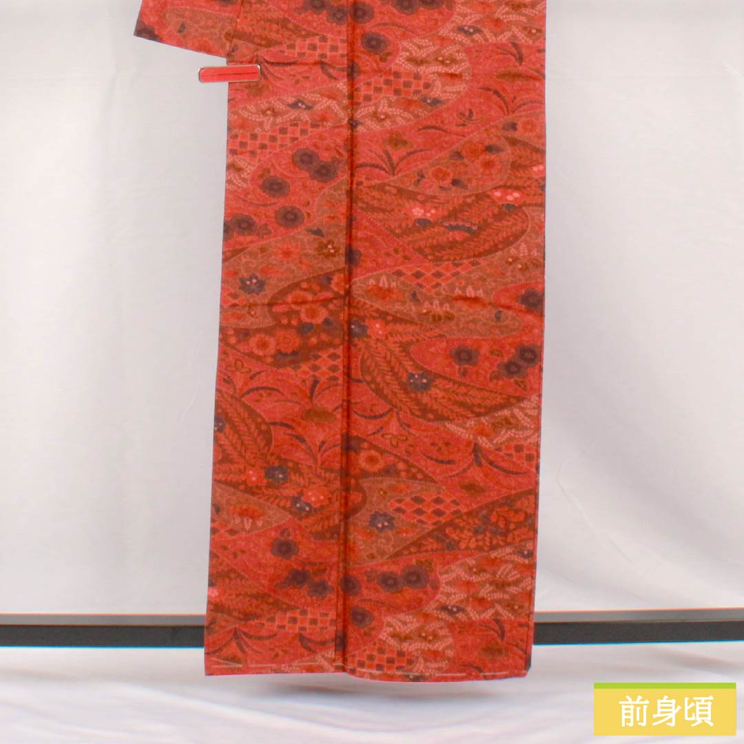 小紋 正絹 身丈161cm 裄丈67cm 袷 濃紅葉色（こいもみじいろ） 辻ヶ花 しつけ糸付き Sランク 朱系 1115005302416