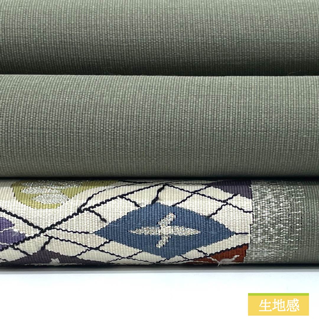 Nagoya Obi, Pure Silk, Grade A, Gray-Green (Haimidori-iro), Tapestry Weave, Classic Enso Pattern, Kiribame-style, 370cm Long, Pointed Pattern, Semi-Formal, Green, Item Number: 1124010563319, Pine Needle Style