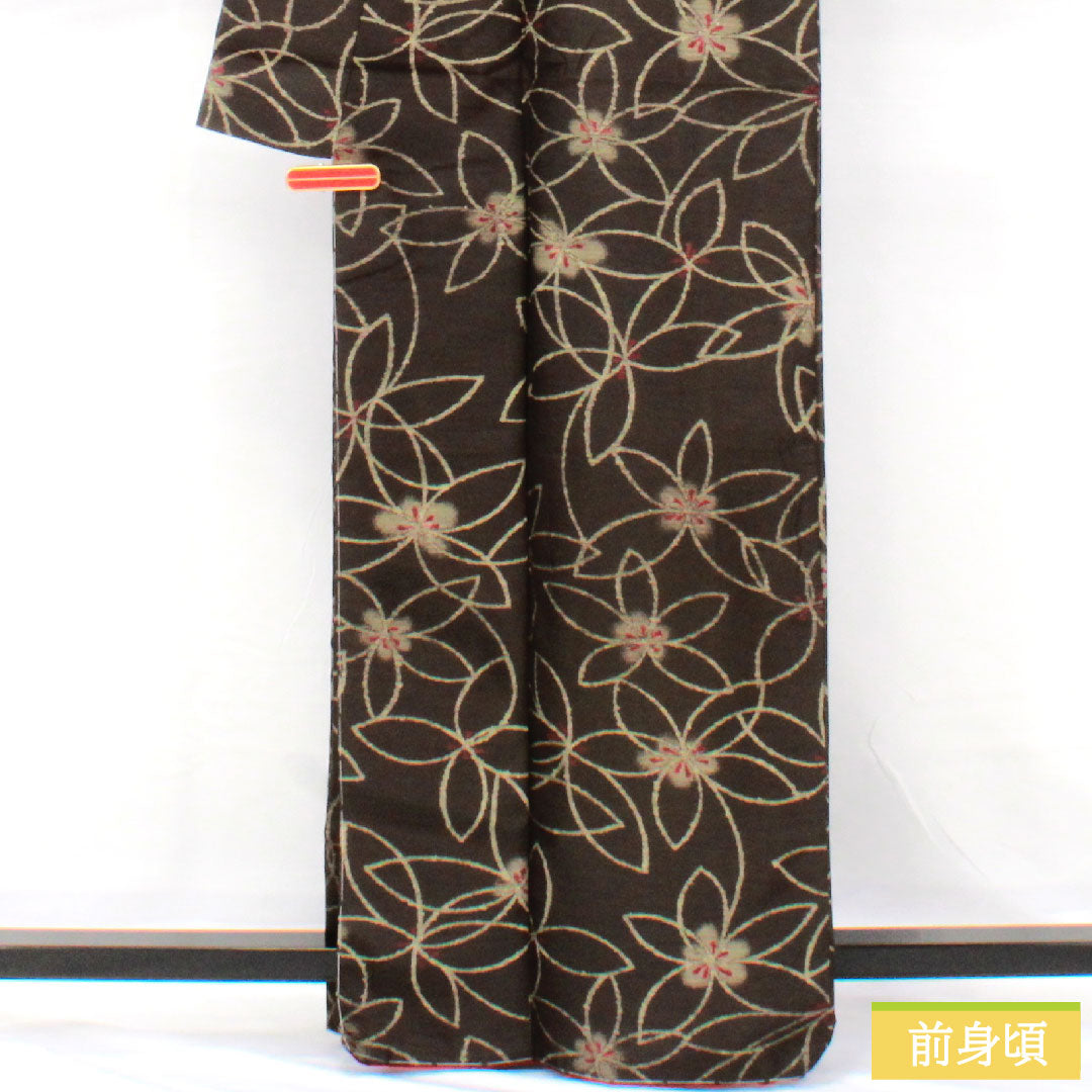 小紋 ポリエステル 身丈163.5cm 裄丈66cm 袷 黒橡色（くろつるばみいろ） 洗える着物 抽象花 しつけ糸付き 未使用品 Sランク 黒系 1115004932410