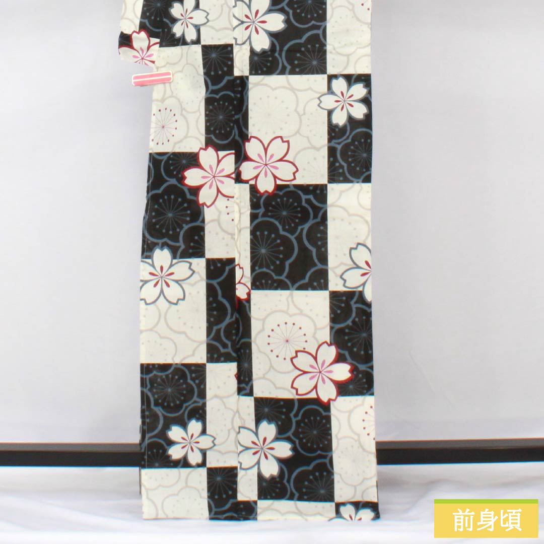 浴衣 木綿 身丈166.5cm 裄丈67cm Sランク 単衣 モノトーン 市松模様 桜 梅 1118006012527