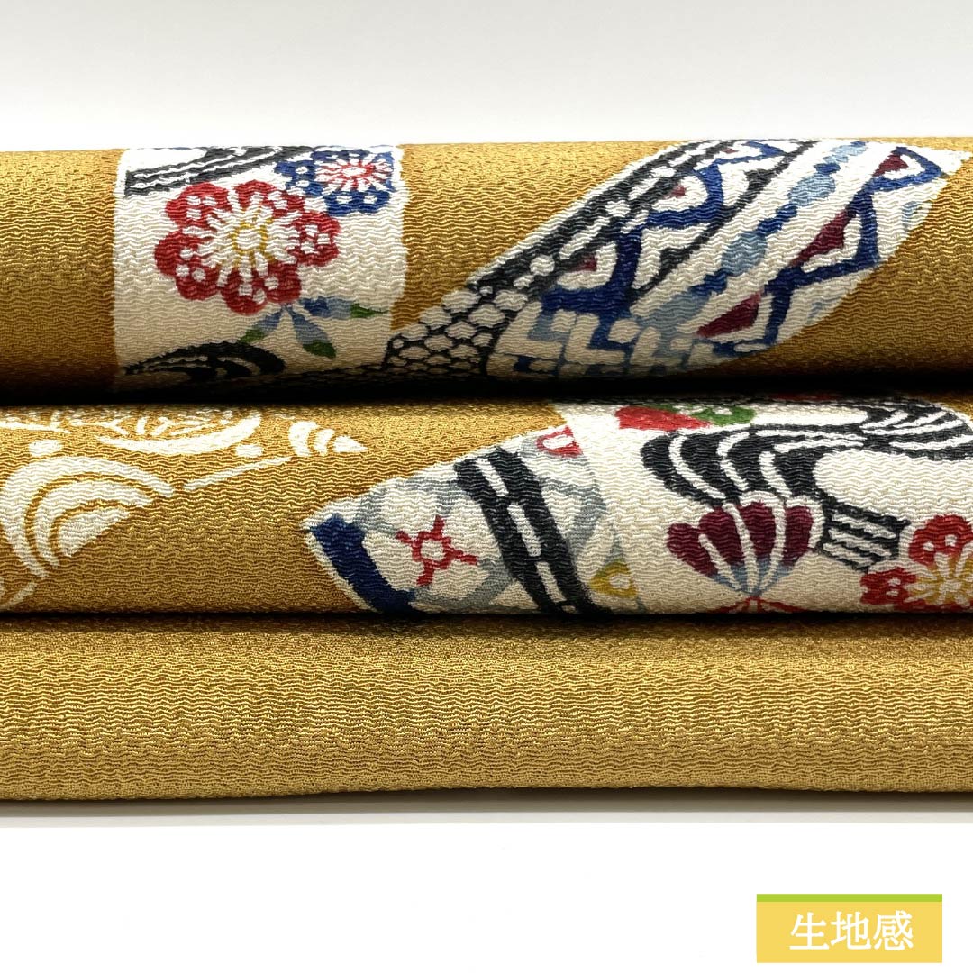 名古屋帯 土布色（トウプースーいろ） 京紅型 ちりめん地 熨斗 帯丈369cm 正絹 Sランク ポイント柄 カジュアル 黄系 1124007972323 名古屋仕立て