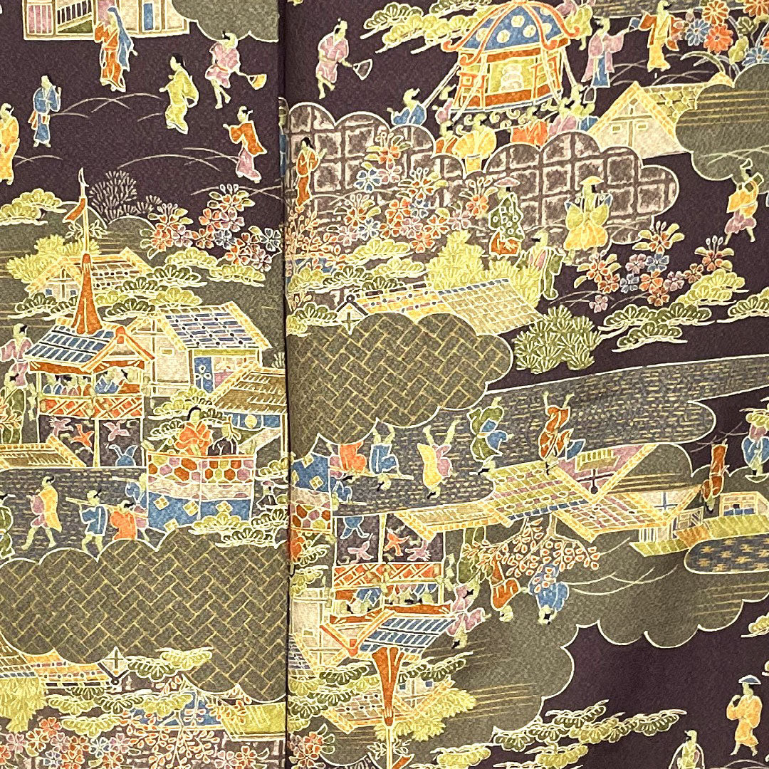 小紋 身丈153.5cm 裄丈65cm 袷  紫烏色 時代人物風景模様  正絹 Sランク 紫系 1115002322220