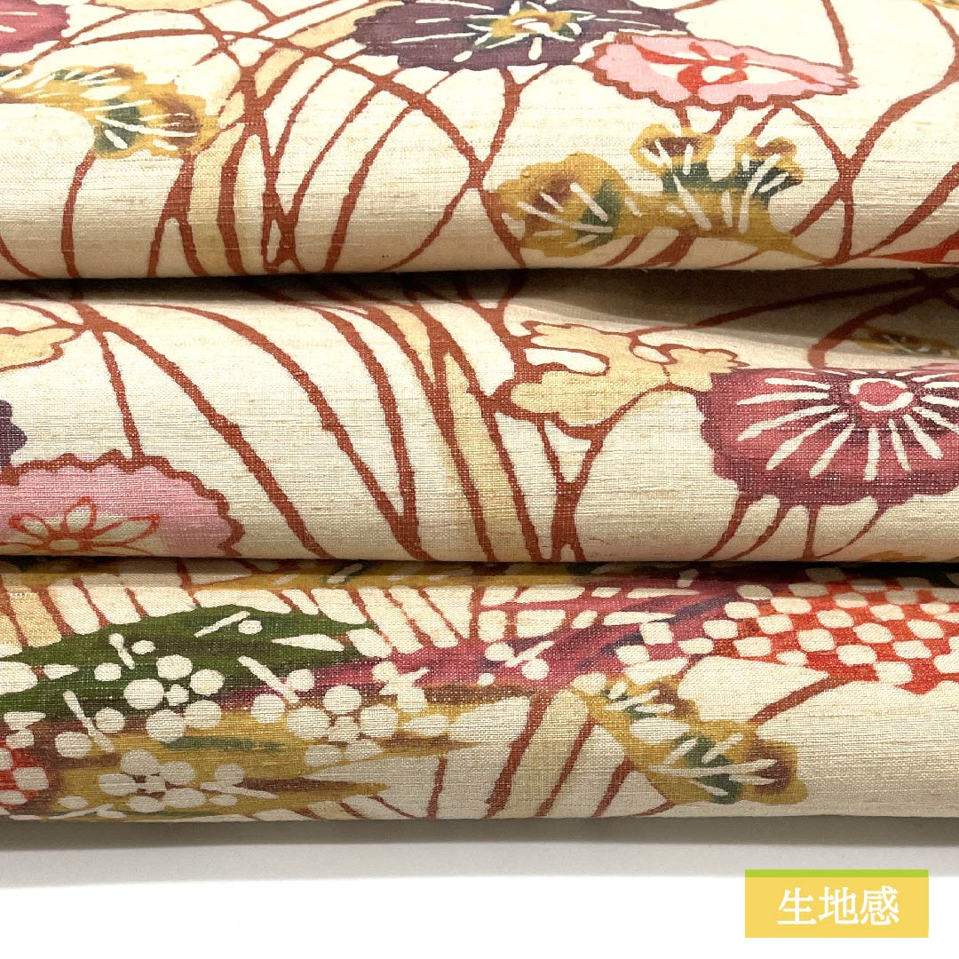 名古屋帯 生成り色（きなりいろ） 蔦の葉 コスモス 紅型模様 帯丈360cm 正絹 Sランク 全通 カジュアル クリーム系 1124006462315 名古屋仕立て