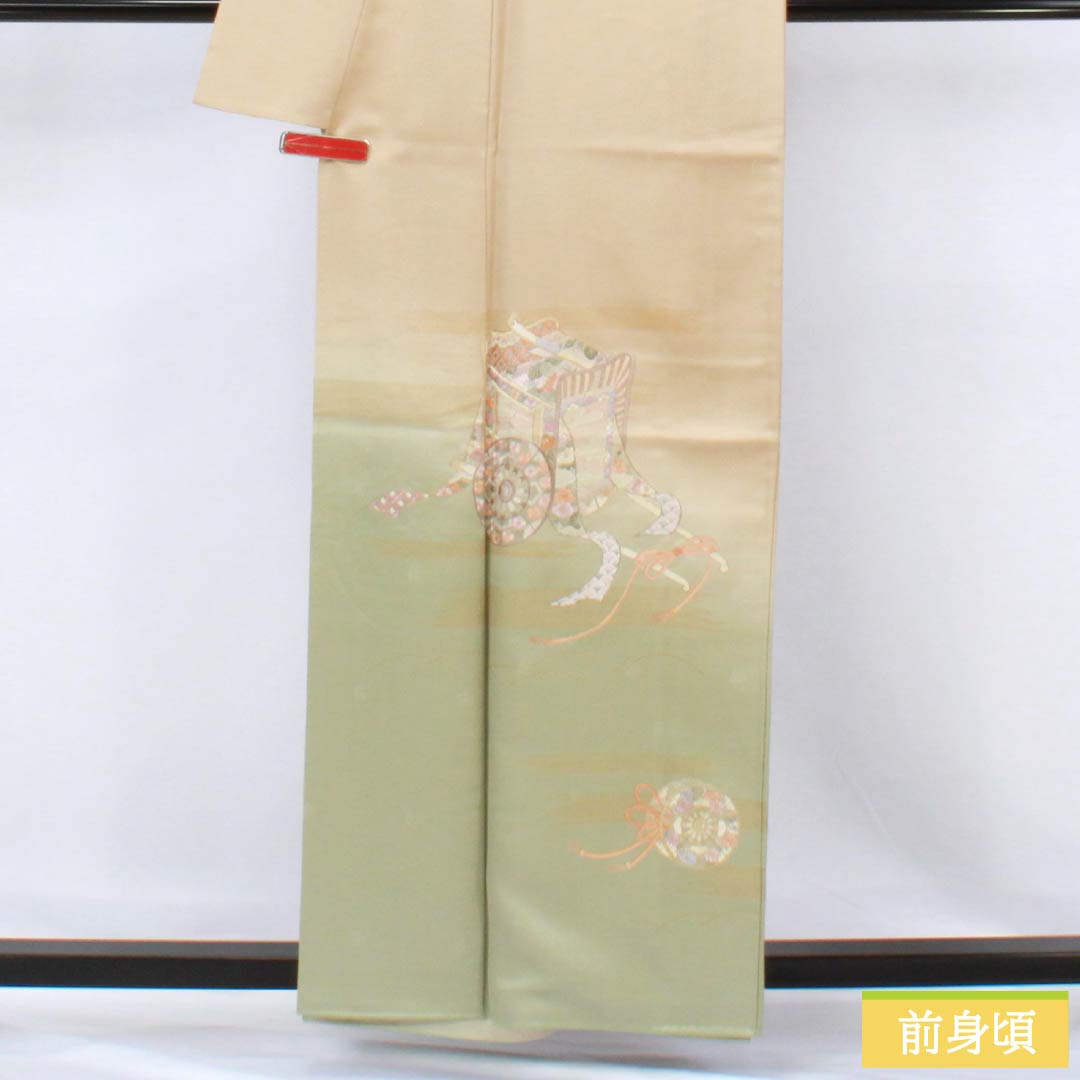 訪問着 正絹 Aランク 袷 身丈159cm 裄丈63.5cm 胡桃色（くるみいろ） 蘇州刺繡 付下げ 御所車 ベージュ系 1112006663325